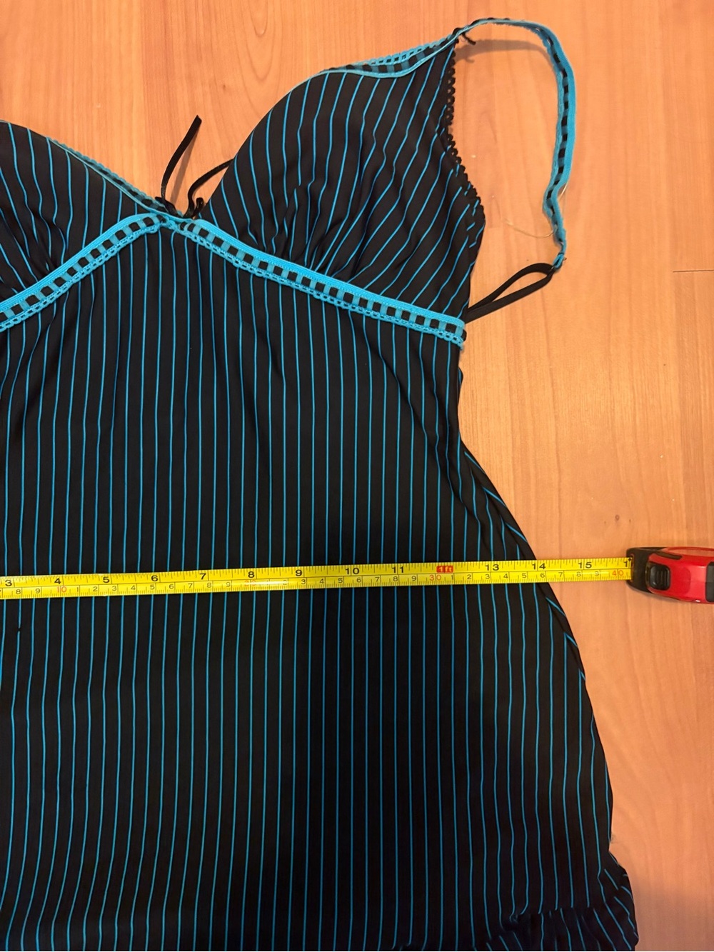 Black Pinstripe Camisole Slip with Teal Trim and Ruffle Hem - Picture 4 of 5